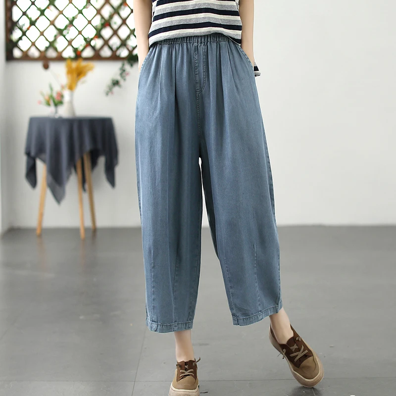 

Летние тонкие однотонные шелковые джинсовые брюки женские свободные универсальные повседневные брюки с эластичной резинкой на талии тонкие прямые джинсы