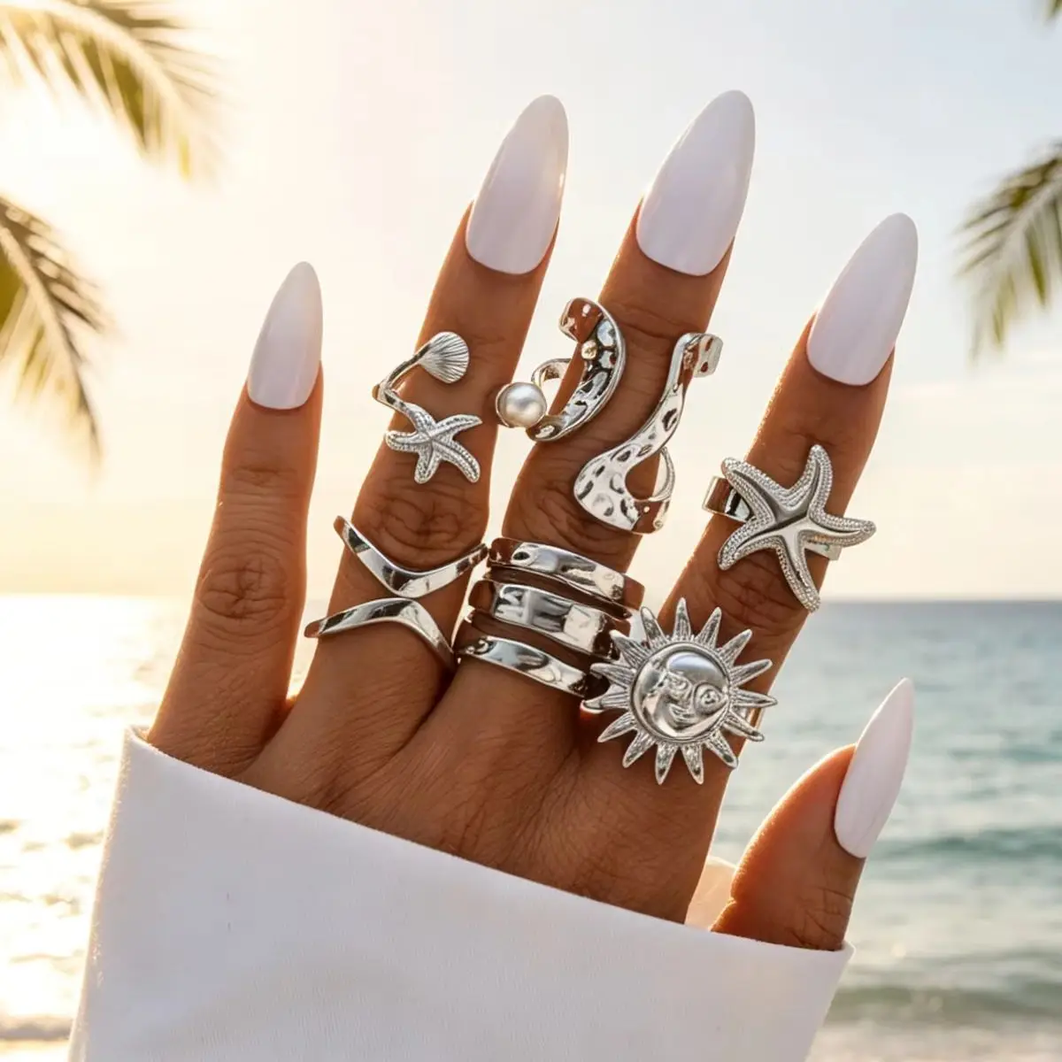 6 Pcs Punk Starfish Sun Flower Knuckle Rings Set for Women Men Vintage Metal Multilayer Pearl Luxury Rings Jewelry Gifts Trendy