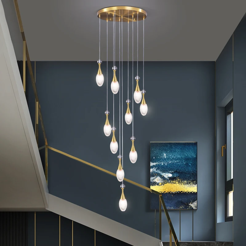 

Full Copper Luxury Water Drop Decoration Modern Long Pendant Led High Ceiling Crystal Stair Chandelier