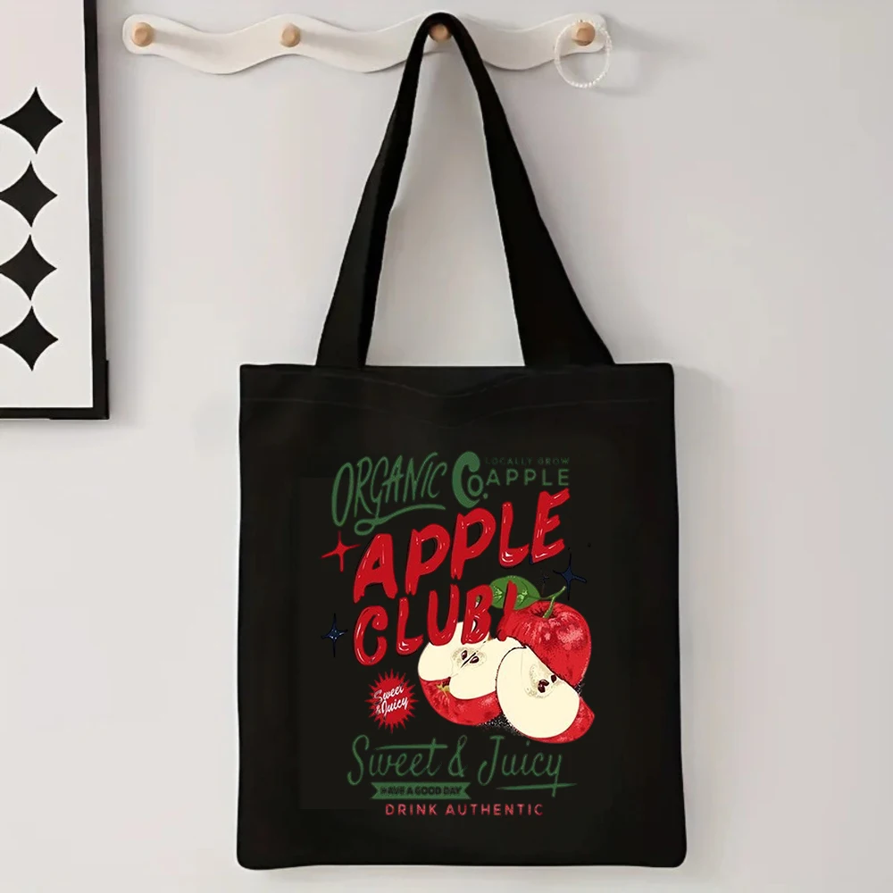 Vintage Organic Apple Club Canvas Tote Bag Retro Fruit Print Aesthetic Shoulder Purse Reusable Grocery Shopping Handbag