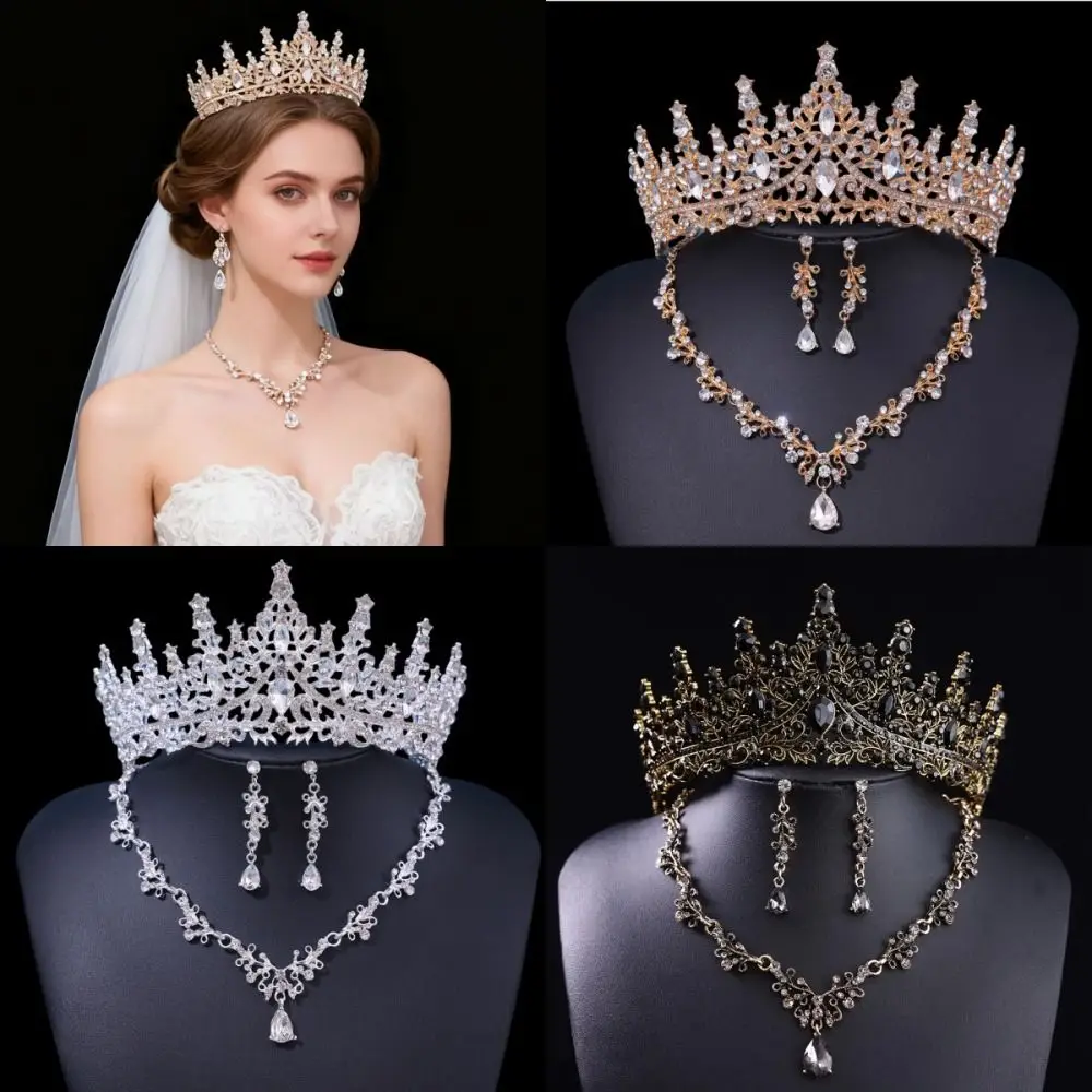 

3 Pcs Shiny Bride Jewelry Sets Metal Headwear Luxury Wedding Tiaras Elegant Hair Ornaments Necklace Earrings and Crown Sets