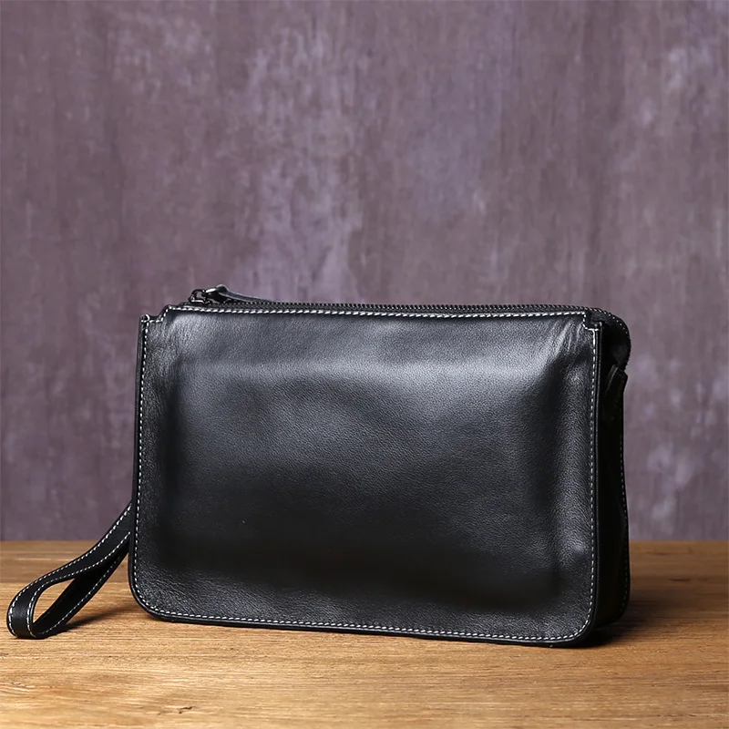 Original Genuine Leather Zippered Hand Bag For Men With Large Capacity Head Layer Cowhide Casual Versatile Mobile Phone Bag