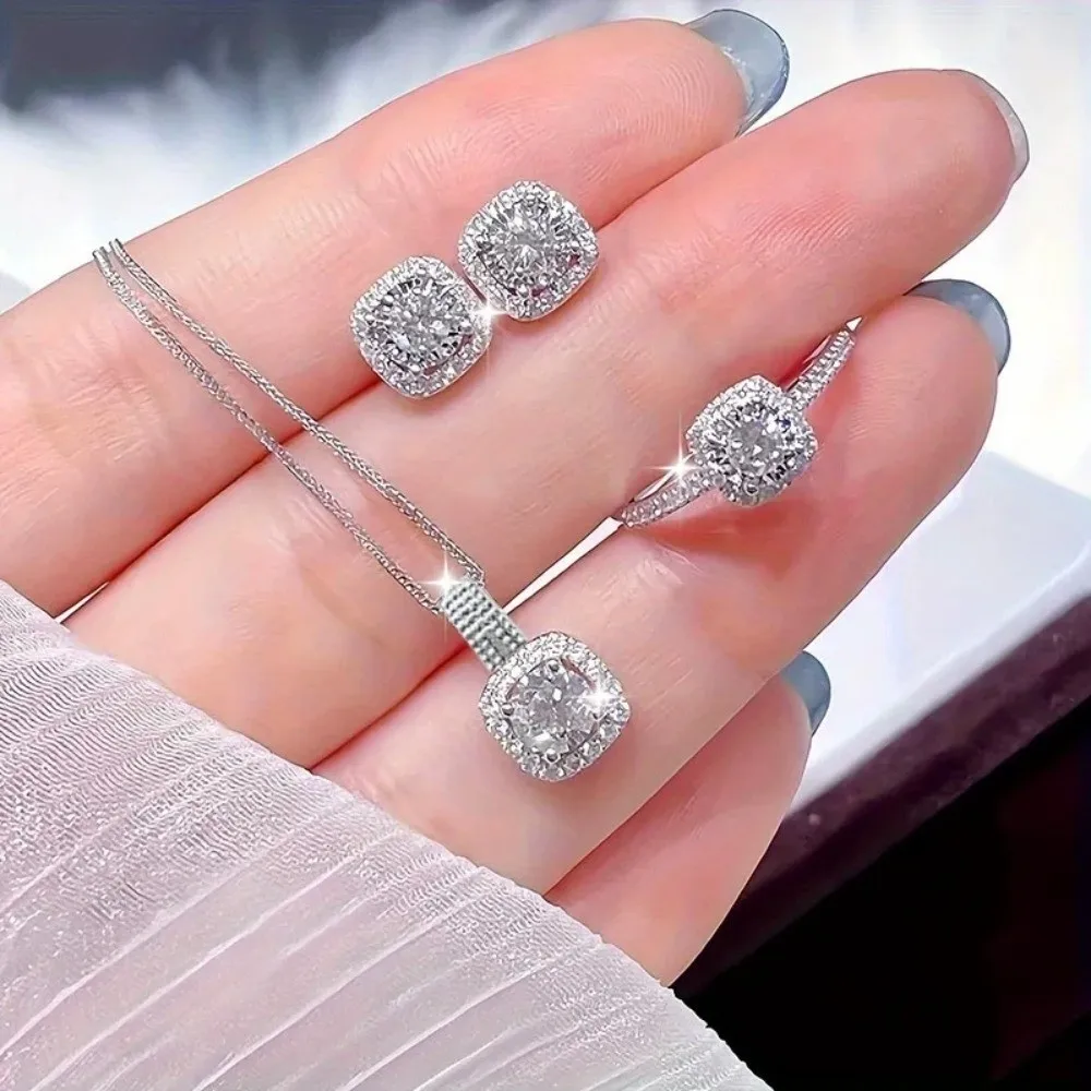 Vintage Ring Cube Jewelry Set Crystal Pendant Square Necklace Shiny Elegant Ear Studs Girls