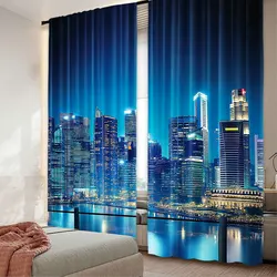 2Pcs Cityscape Curtain Big City Night Panorama From A Balcony With Skyscrapers For Bedroom Living Room And Dining Room A