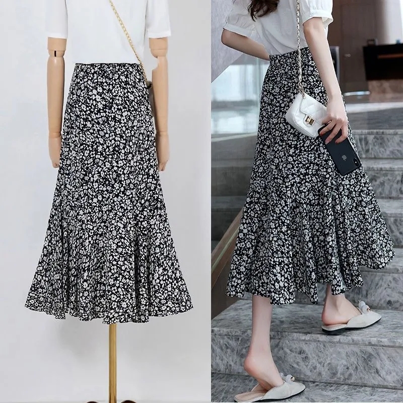 Half Skirt Women  Spring and Summer New Chiffon Floral A-line Skirt Mid-length High-waisted Slimming Waist Long Skirt Women's