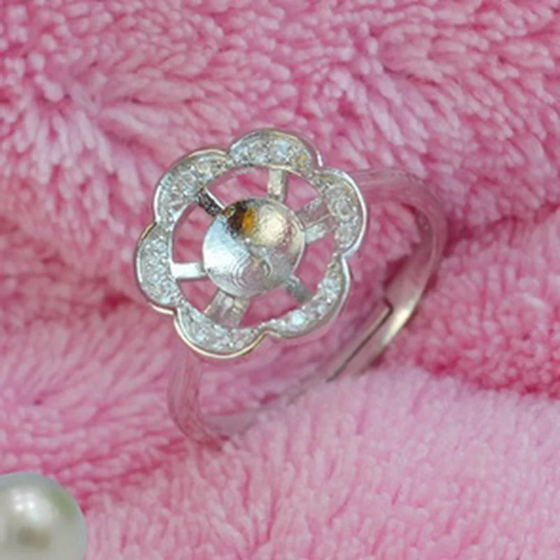 

2pcs 925 Silver Plum Flower Ring Mounting with CZ Stone at Free Size Fitting 7-10MM Pearl /Gem Bead
