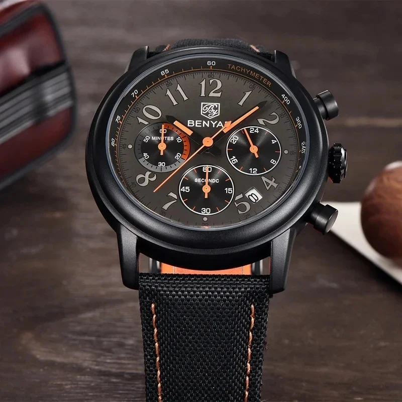 BENYAR-5190 Quartz Chronograph Watch Tachymeter Bezel Black Matte Case Nylon Canvas Strap Date Retro Aviator Sport Male