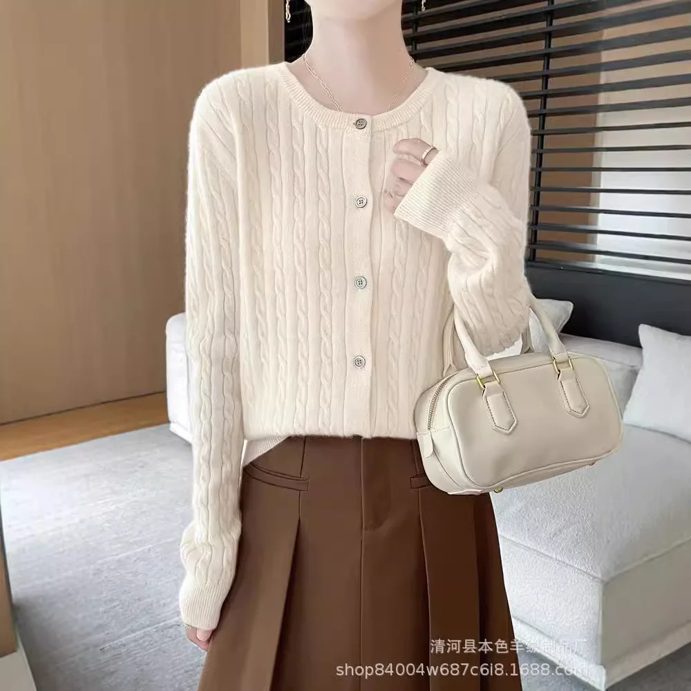 

Autumn and Winter Knitted Cardigan Sweater Retro Style Round Neck Loose and Comfortable Versatile Fried Dough Twist Long Sleeves