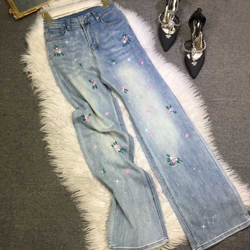 

High Quality Flower Embroidery Hot Drilling Women Denim Trousers All-match High Waist Straight Pants Streetwear Stretch Jean