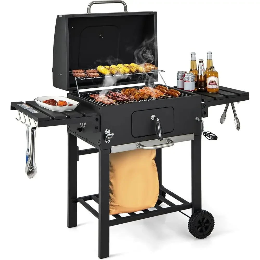 

Charcoal Grill, Heavy Duty Cooking Grill with 2 oldable Side Tables, 8 Hooks, Storage Shel, 2 Wheels, lame Control, Outdoor BBQ