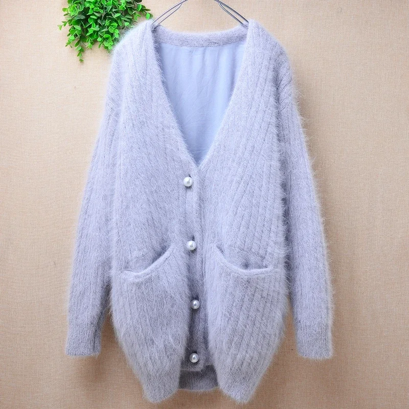 

Ladies Women Fall Winter Clothing Grey Hairy Real Mink Cashmere Knitted Long Sleeves V-Neck Loose Cardigan Angora Sweater Coat