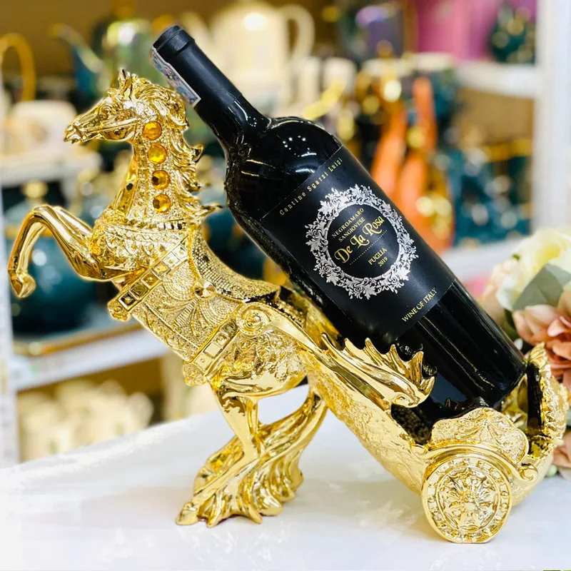 

DSA creative resin electroplating handicrafts inlaid brick horse-drawn cart red wine rack home accessories gifts wine wholesale