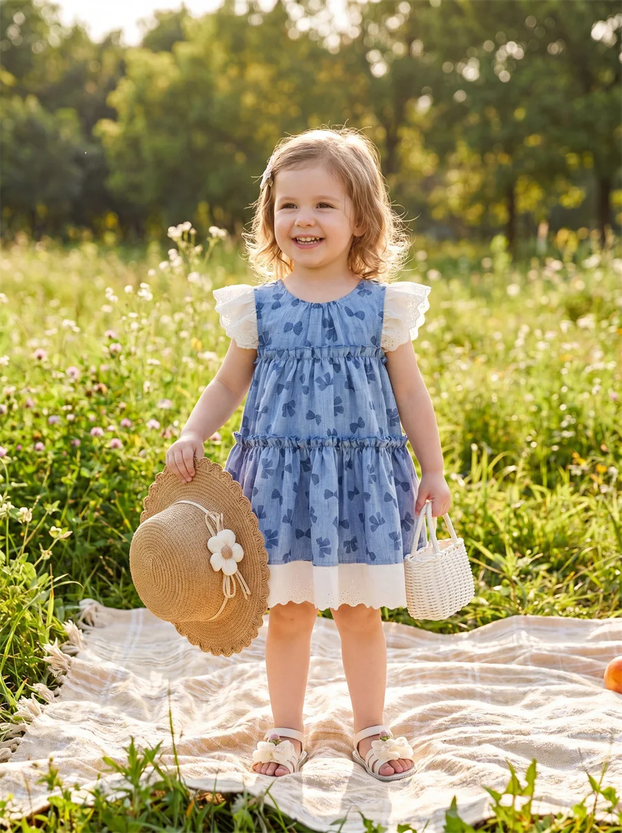 Girls Summer Dress 1-5T Cute Printed Bow Tie Kids Princess Dress Sweet Lace Baby Clothes Loose Ventilate Children Dress