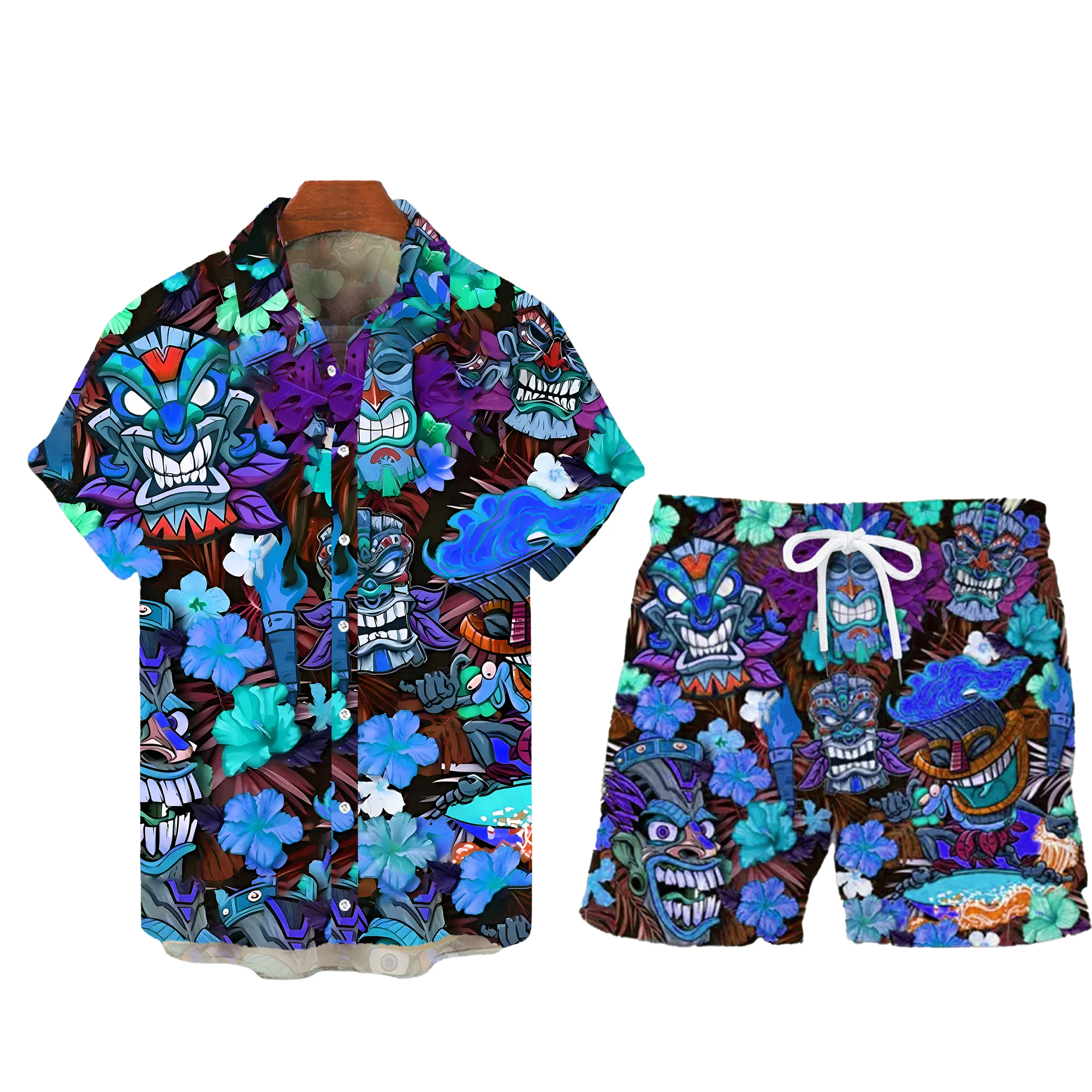 Summe Aloha Shirts Men\'s Button-down Hawaiian Shirt Set Beach Shirt and Shorts Floral Casual Suit Daily Holiday Print Totem