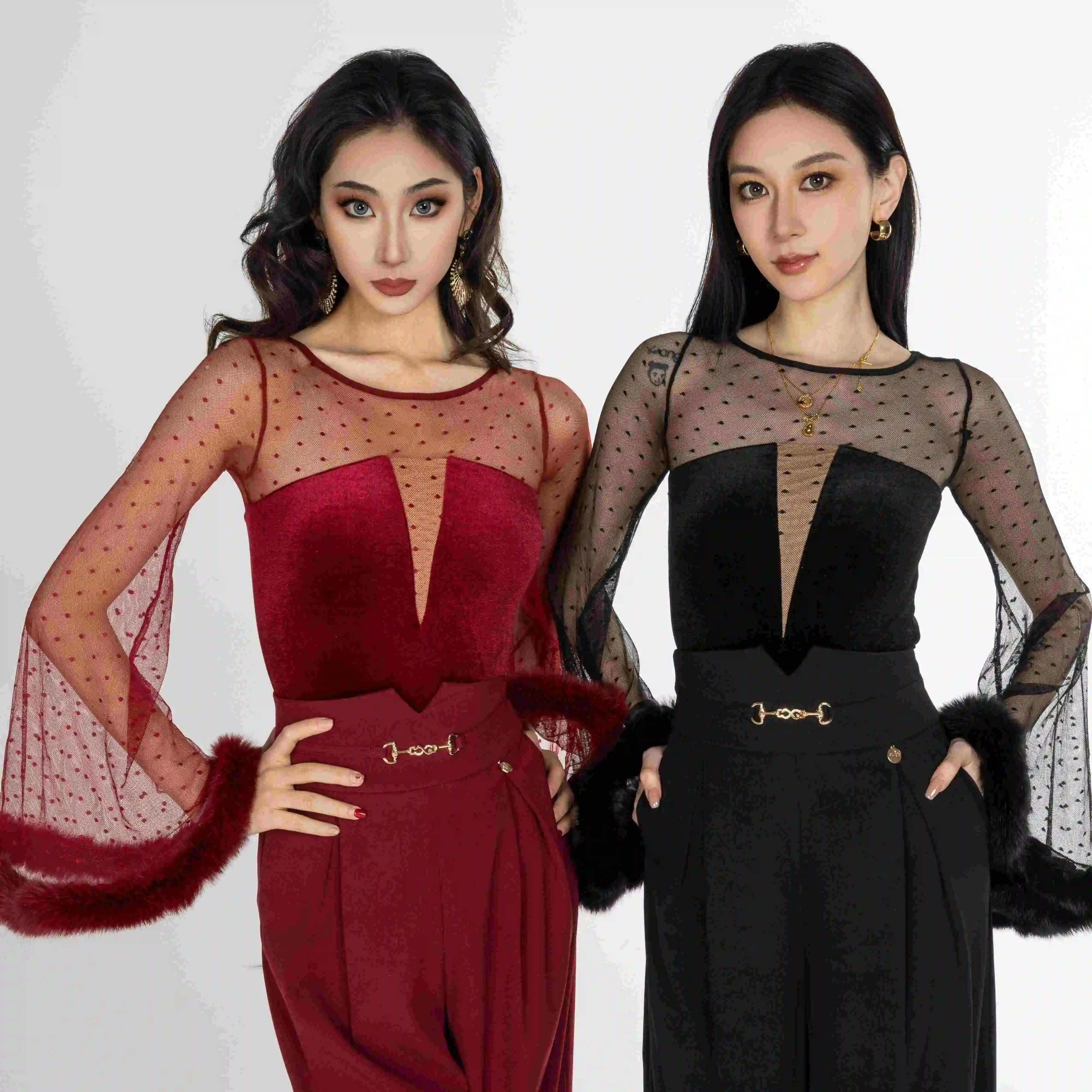 

Sexy Ballroom Dance Tops Yarn Flared Sleeves Performance Costume Adult Women Leotards Waltz Dance Clothing Practice Wear BL14515