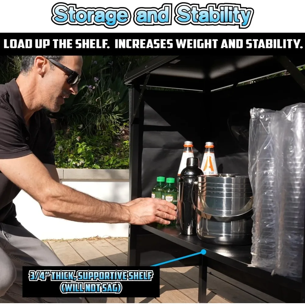 portable folding bar with led lights, wireless remote, dual bar skirts, storage shelf, and carrying case - black for outdoor ent