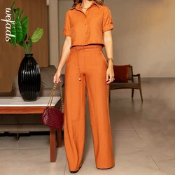 Wefads Two Piece Set Women Summer Casual Solid Lapel Single Breasted Button Short Sleeve Top Loose Wide Legs Pants Set With Belt