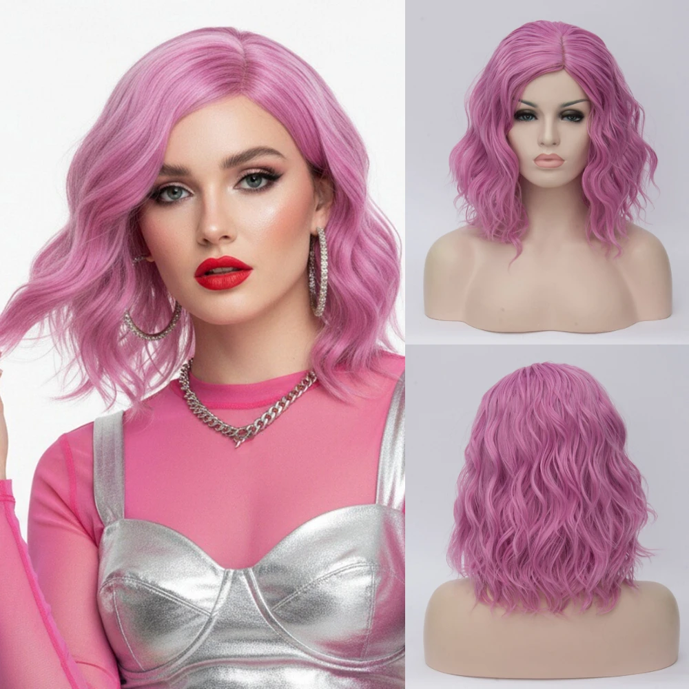 

Короткий волнистый боковой части, розовый парик для косплея, женский термостойкий синтетический волокно для повседневного использования на Хэллоуин