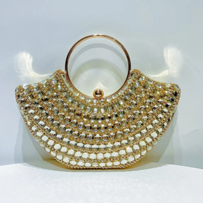 

Luxury gold banquet bag fashionable diamond inlaid crossbody bag circular handbag shoulder bag