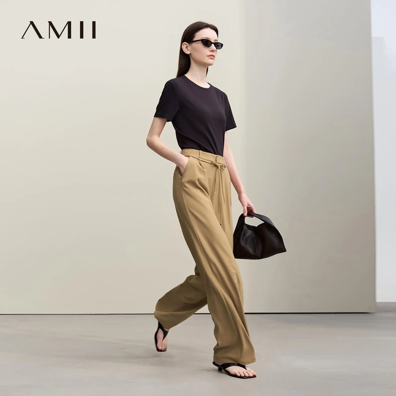

Женские брюки Amii 2026: Новинка весенней коллекции, повседневные, с тонким поясом, свободные, широкие штанины, однотонные, универсальные, модель 12641062