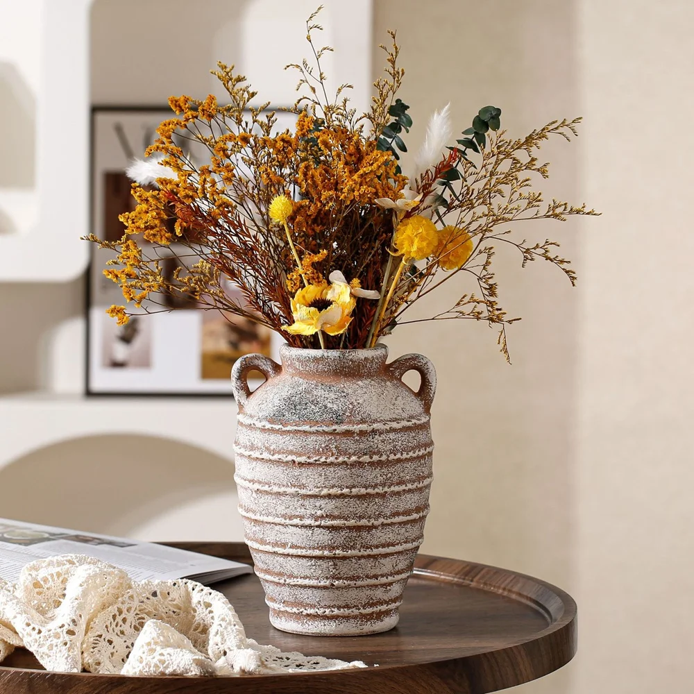 Amphora Ceramic Vase Dried Flowers Nordic Japandi Home Decor Display Table Top Art Ribbon Texture Ornament Living Room Office