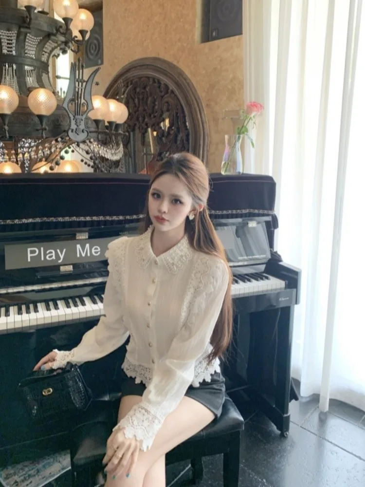 

Elegant Short Lace Trim Shirt Women's Fashion Korean Style Polyester Fabric Long Sleeve Collar Inner Wear Petite Blouse