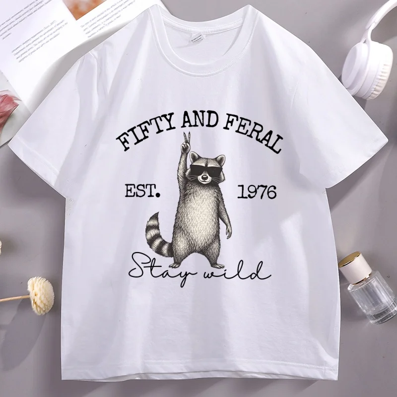 

Funny 50th Birthday T-shirt Fifty Raccoon Graphic T Shirts Vintage Men Women Cotton Short Sleeve Round Neck Tshirt Streetwear