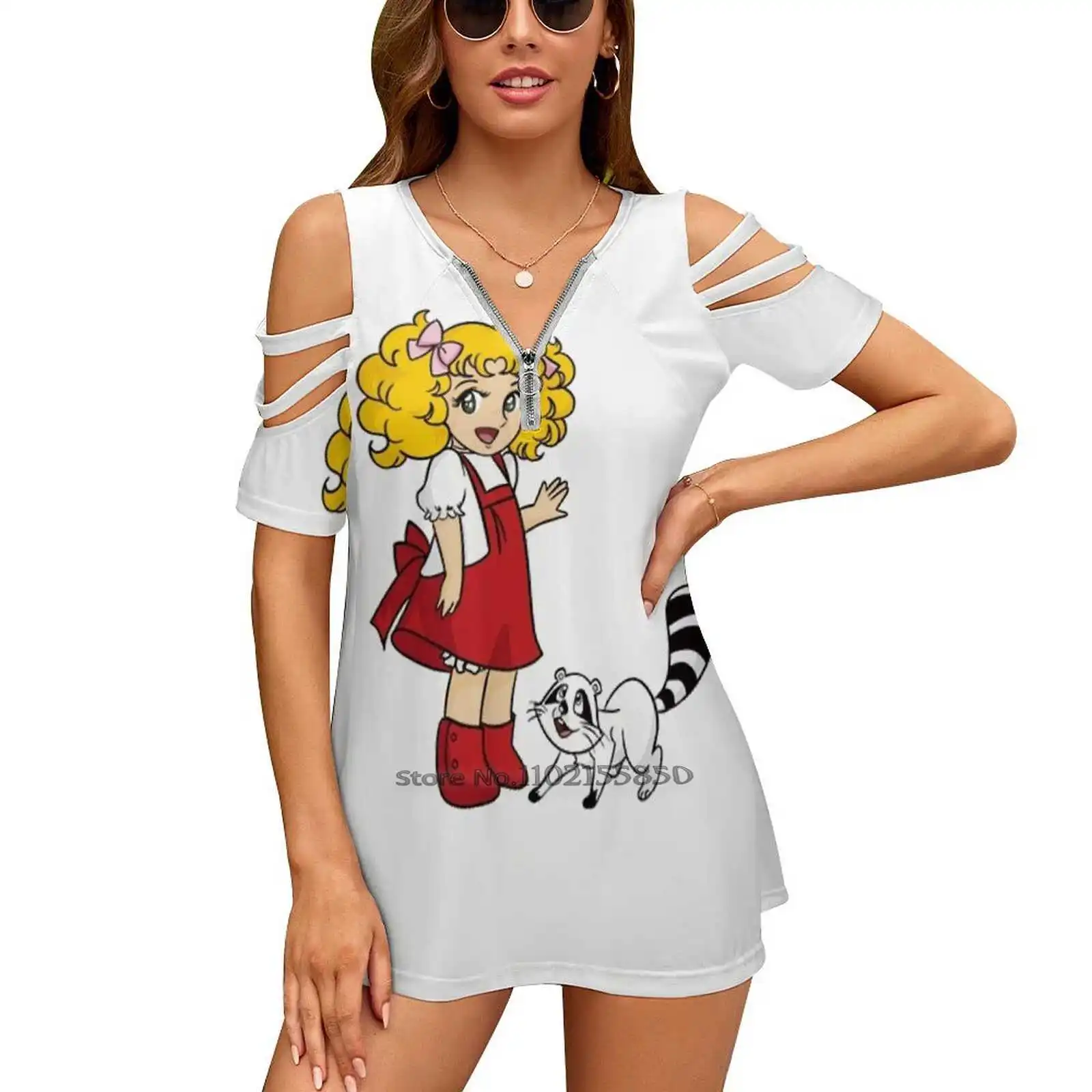 Candy Candy Cartoon Animated Woman Tshirts Printed Tops Zipper V-Neck Top Fashion Graphic T Shirt Candy Candy Clint Candy Anime