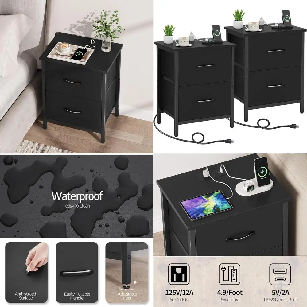 Nightstand Set of 2 with Charging Station, End Table Bedside Table with Power Outlet & USB Ports, Side Table with 2 Fabric Drawe