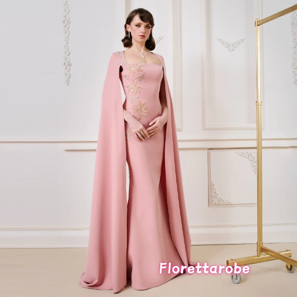 

Customized Exquisite Pink Jersey Evening Dress Formal Square Collar Shawl Zipper Back Beading Mermaid Prom Gowns