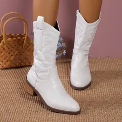 Gold Mid-calf Boots Woman Side Zipper Silver Pointed Western Cowboy Boots Retro Fashion Black Boots Plus Size 36-43 Women Boot