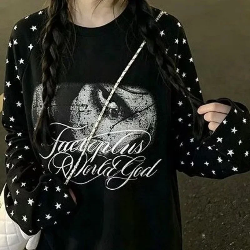 Vintage Goth Harajuku 2000s Stars Letters Print Patchwork Long Sleeve T-Shirt Women Clothing Autumn Y2k Subculture Grunge Tops