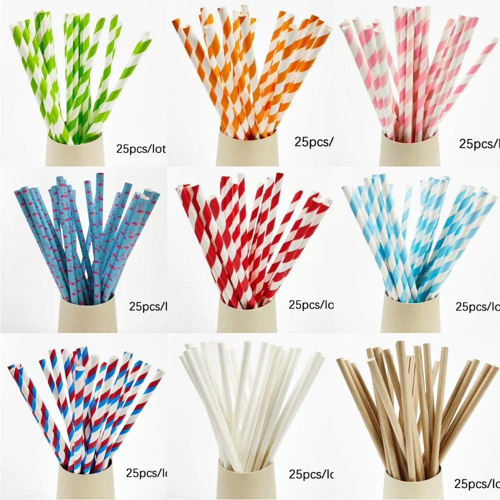 25Pcs Colorful Disposable Paper Straws Pink Blue Drinking Straws Juice for Kid Birthday Wedding Party Decor Supplies Baby Shower