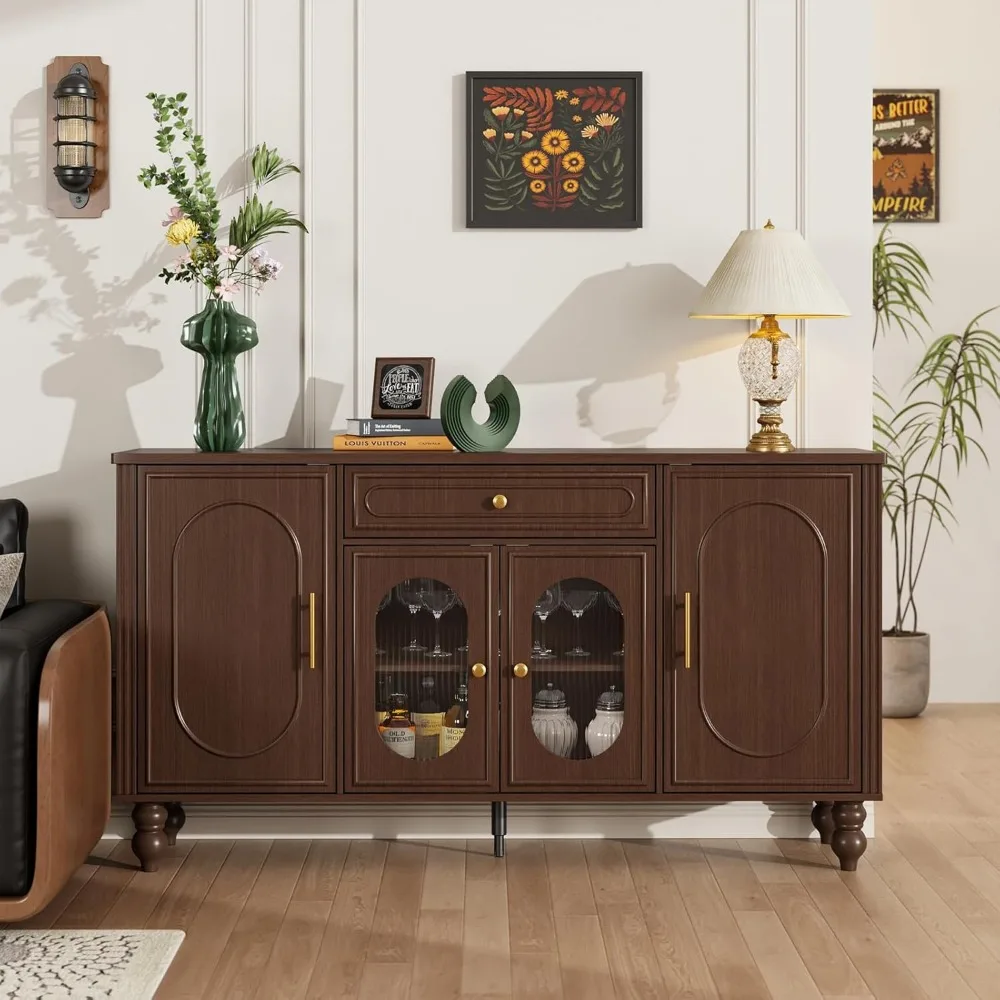 

Cabinet with Storage, 60 Sideboard Buffet with Glass Doors, Mid-Century Sideboard Kitchen Storage Cabinet with Drawer, La
