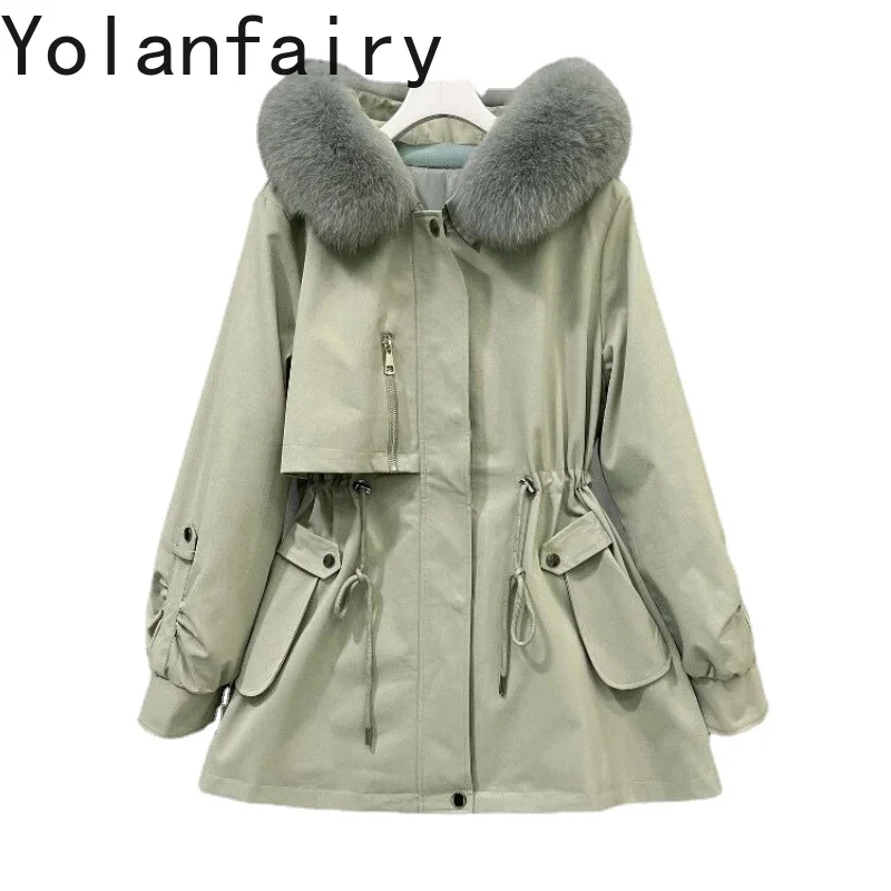 

New Women's Parkas Female Fox Fur Collar Detachable Rabbit Fur Inner Fur Coat Women Winter Jacket Hooded Midi Long Coats FCY4973