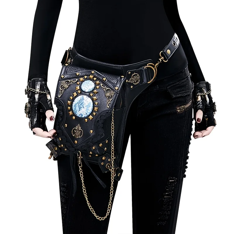 

Steampunk Fashion Crossbody Shoulder Bag with Chain Strap Trendy Waist Pack for Men & Women New PU Leather Unisex Purse