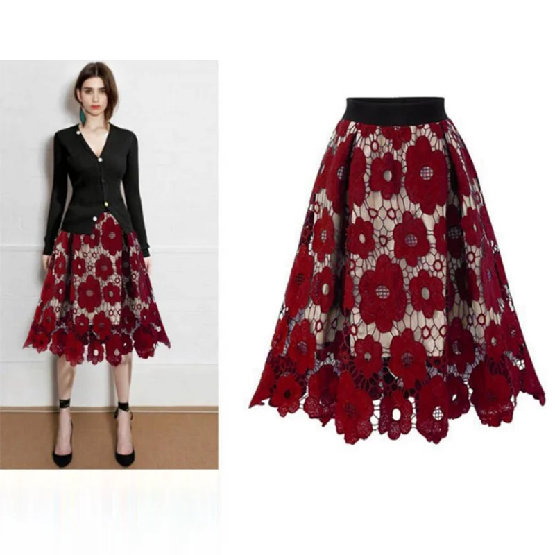 Summer Boho Lace Skirts Women Vintage Mesh Hollow Out Plus Size Skirt Elastic Waist Elegant  A-Line Midi Saias Black Red Green