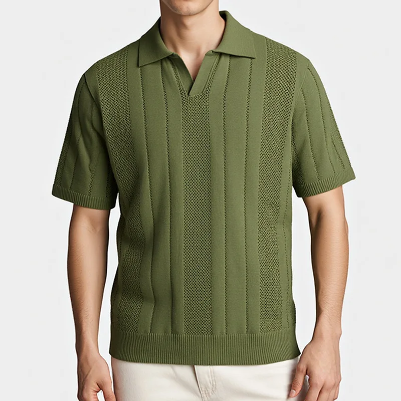 Men's Summer Casual Loose Comfortable Knitted  Shirt Short Sleeve Turn-down Collar T-shirt Hollow out Color Block Top