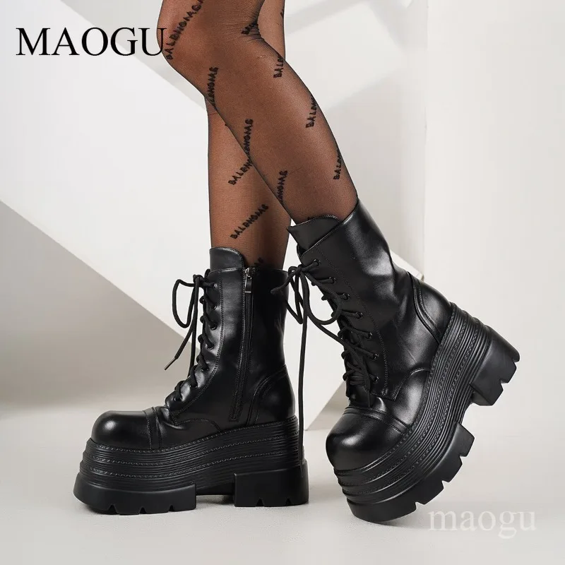 Schwarze Leder-Plateaustiefel für Damen, klobige Sohle, höhenvergrößernde mittelhohe Stiefel, Größe 36–43, Botas Feminina Street Style-Schuhe