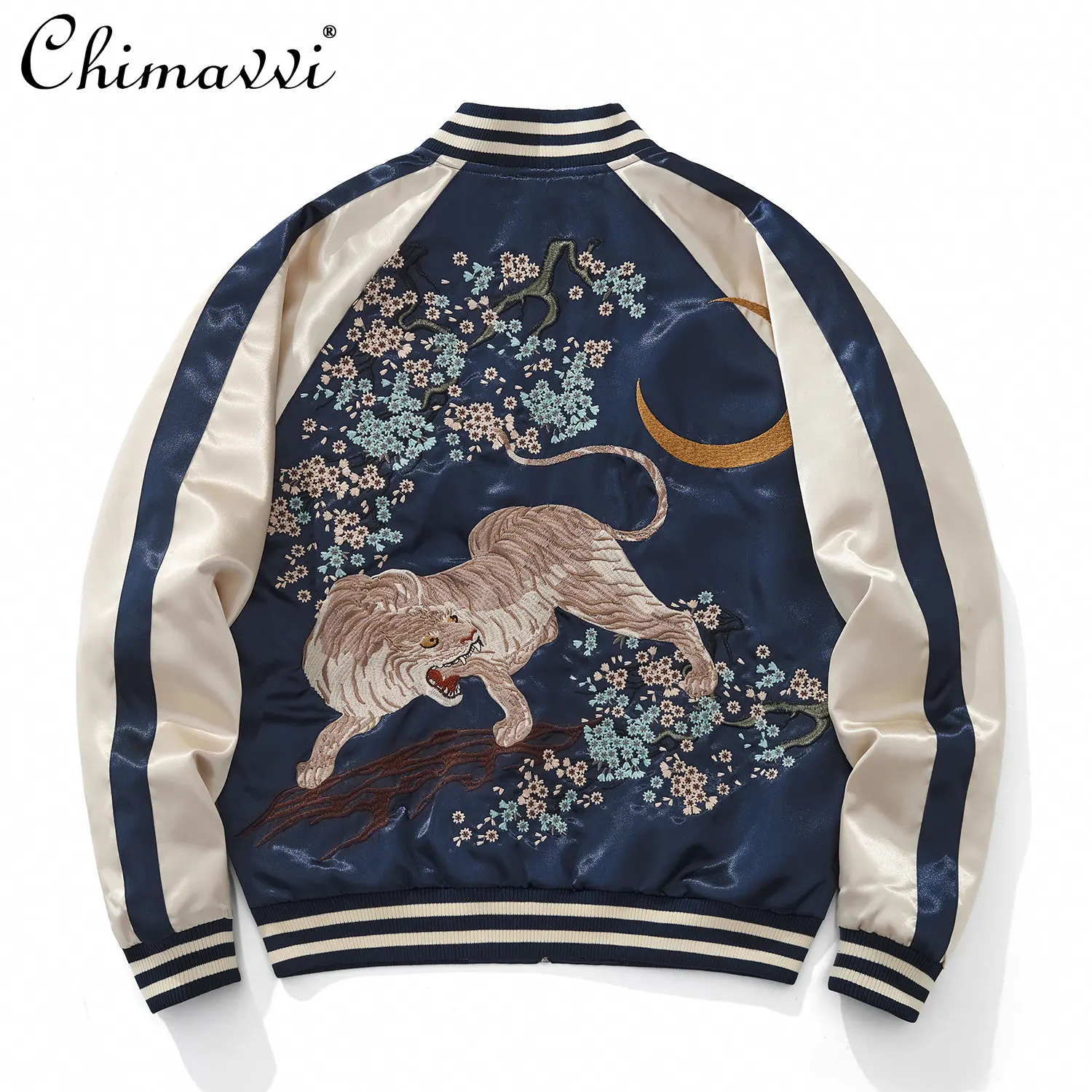 

New 2026 Spring High-End Fashion Tiger Embroidery Baseball Jacket Men's Satin National Trend Embroidered Color Block Raglan Top