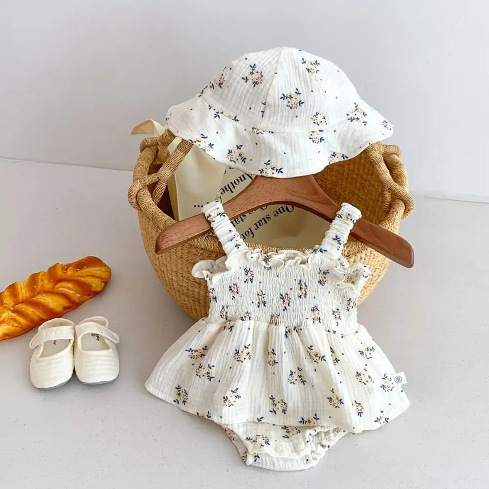 

2024 Ancobear 2pcs Summer Linen Floral Infant Newborns Baby Girls Bodysuit Rompers Sets With Hat One Piece Tutu Dress Jumpsuits