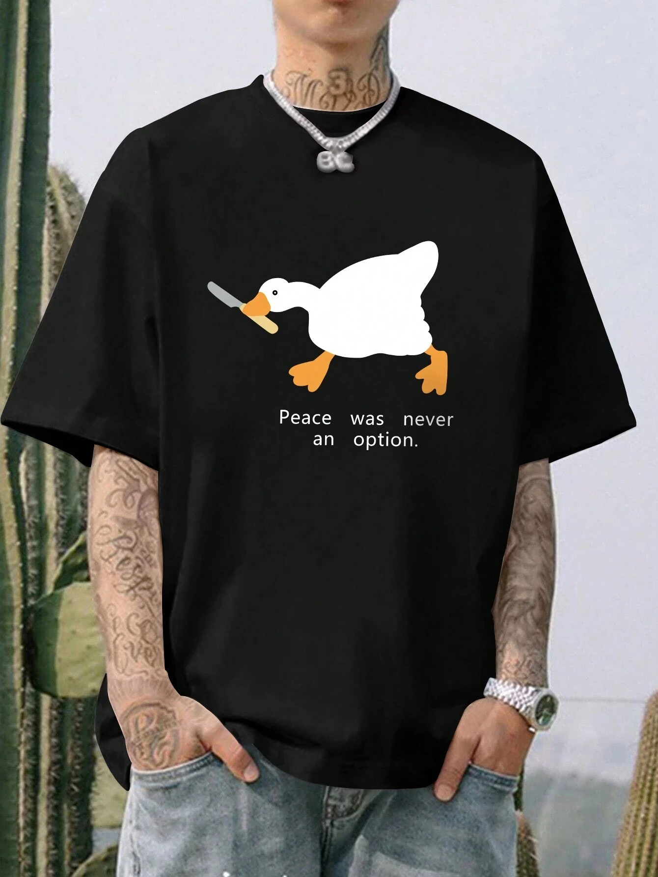 

Cotton Fashion Men's And Kids Theme Cartoon Big White Goose Print Crew Neck Short Sleeve T-Shirt Family Wear Comfortable Tops