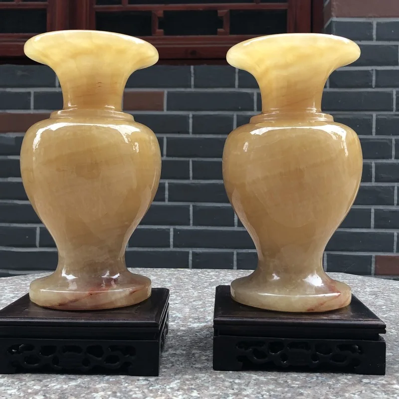 Wholesale natural beige jade vase, living room decoration, yellow dragon jade vase, home furniture, corporate business gift deco
