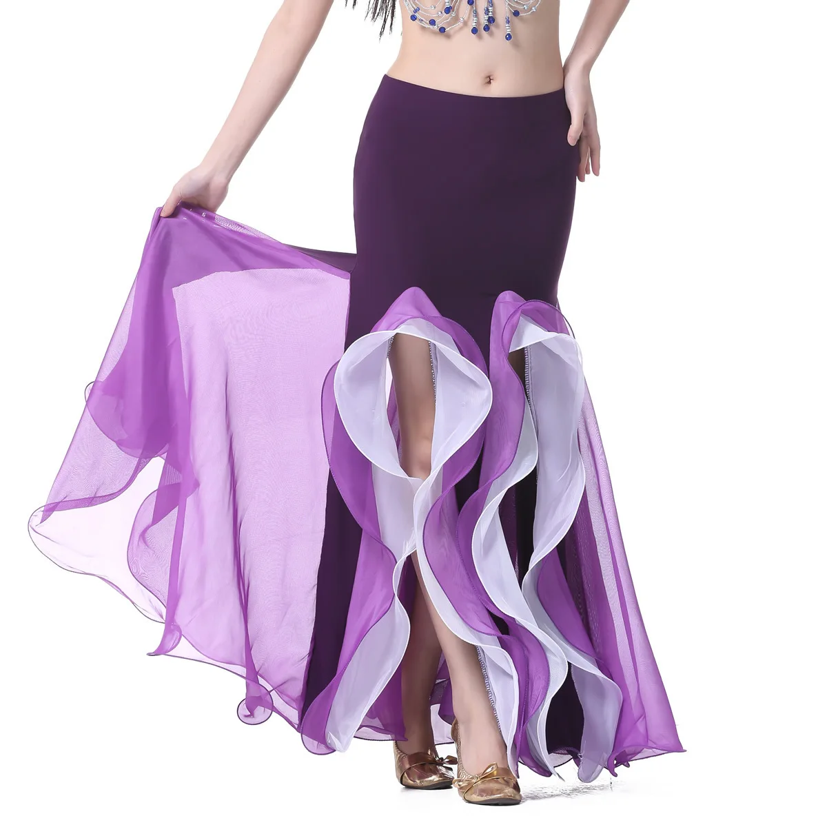 

Crystal Cotton Double Split Color Skirt Belly Dance Skirt Belly Dance Performance Dance Skirt New Style