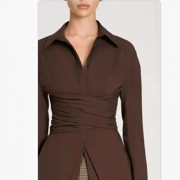 Pré-queda 2025 solto e irregular fino manga comprida top falso design de camada dupla