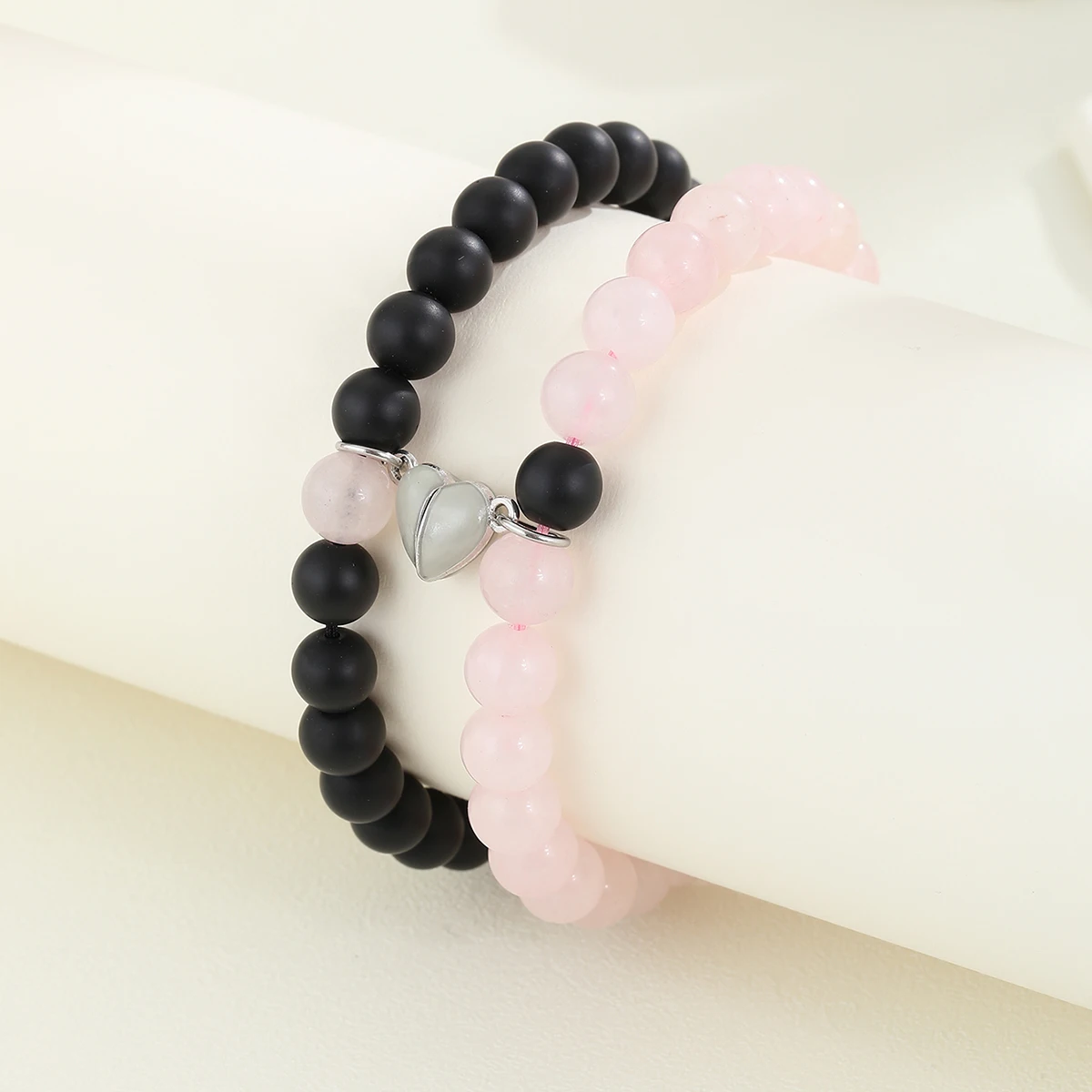 مضيئة رمادي قابلة للتبديل القلب حبة زوجين اليد حبل الأسود الوردي الخرز متوهجة أساور للشركاء