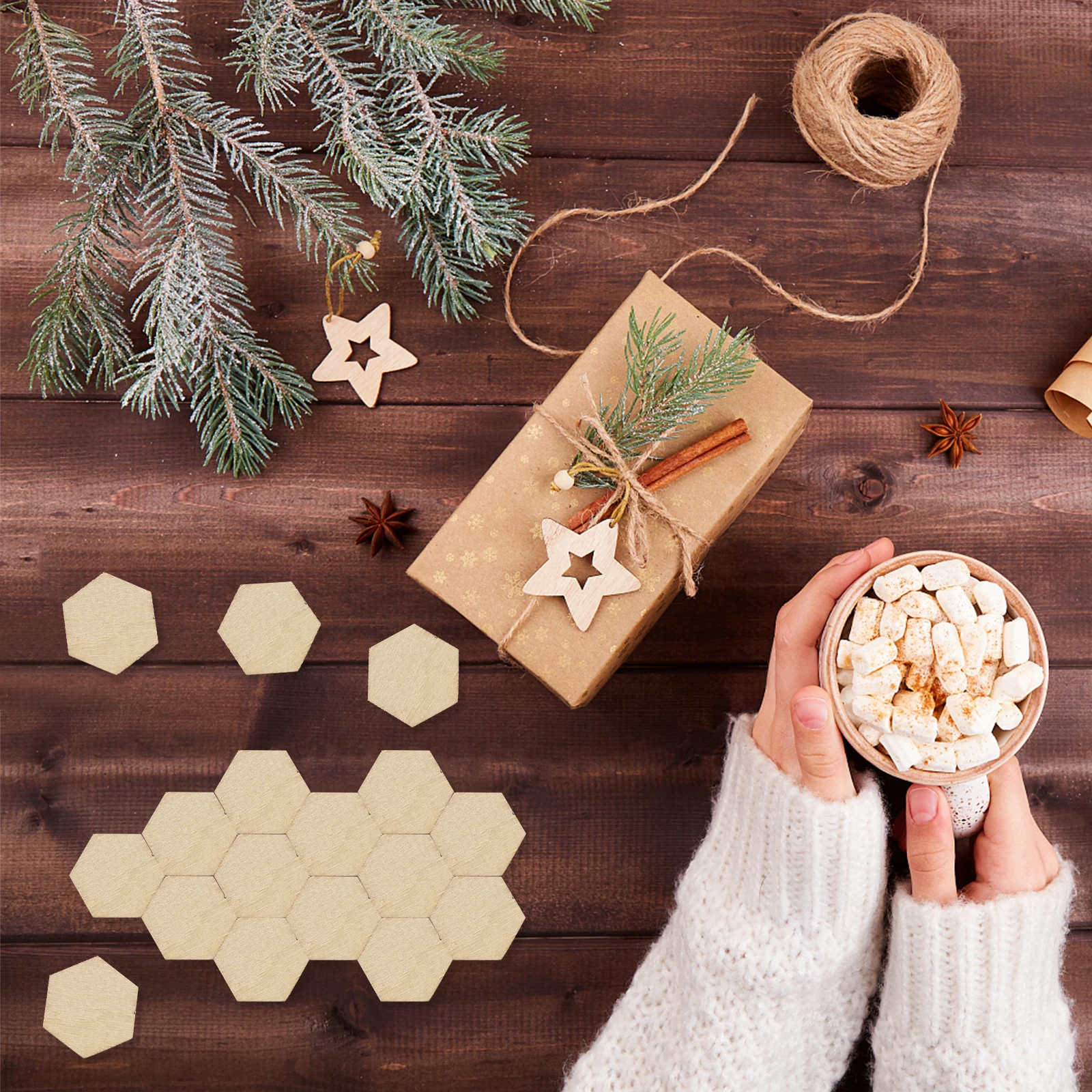 

200 PC Hexagonal Wood Chip Decorations Hanging Blank Ornaments Bulk Crafts Wall Wooden Cutouts Unfinished Work Christmas