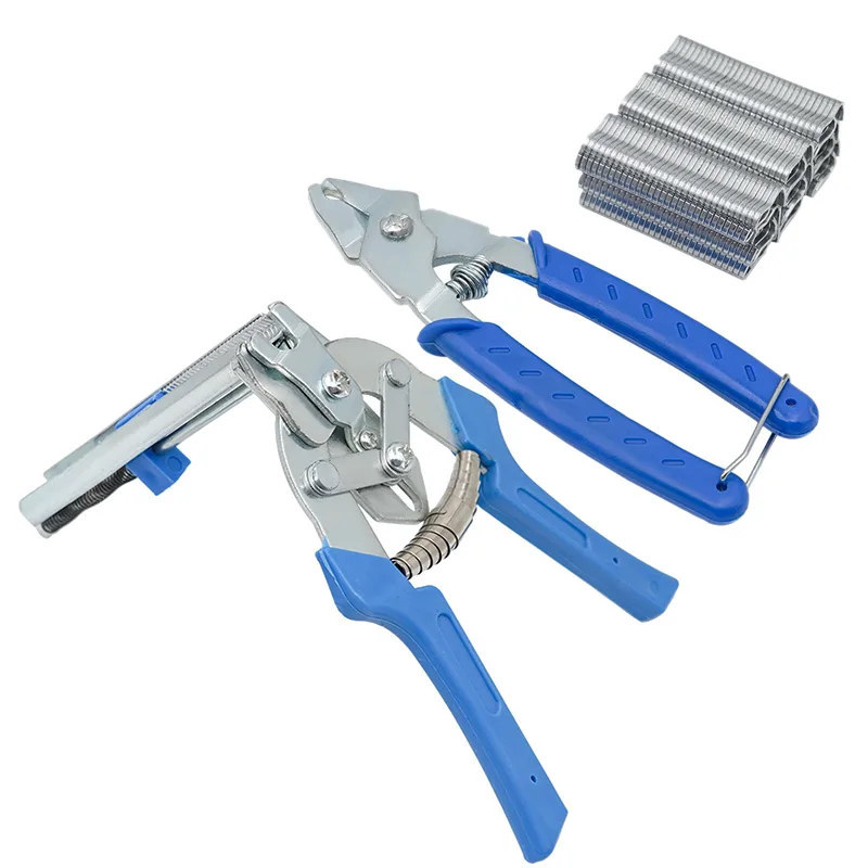 동물 케이지 돼지 반지 펜치 도구 및 600pcs M 클립 스테이플 치킨 메쉬 케이지 와이어 펜싱 갇힌 클램프