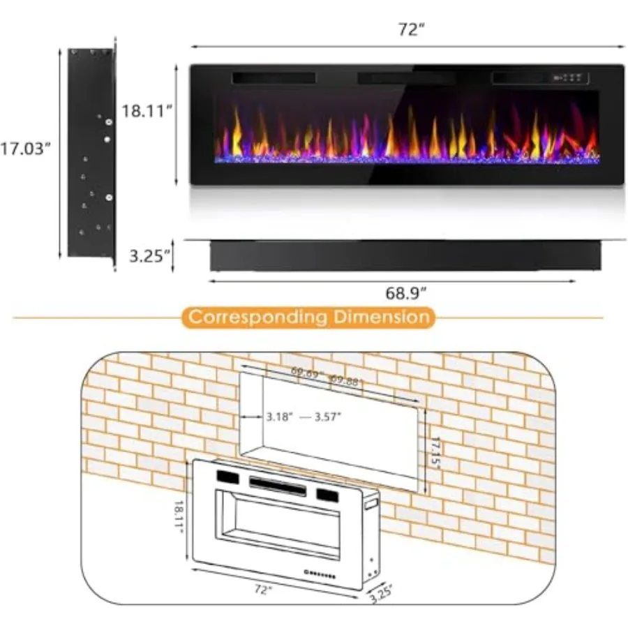 72 inch Electric Fireplace Recessed Wall Mounted with Linear Design 750/1500W Heater Touch Screen Control Timer Remote Control