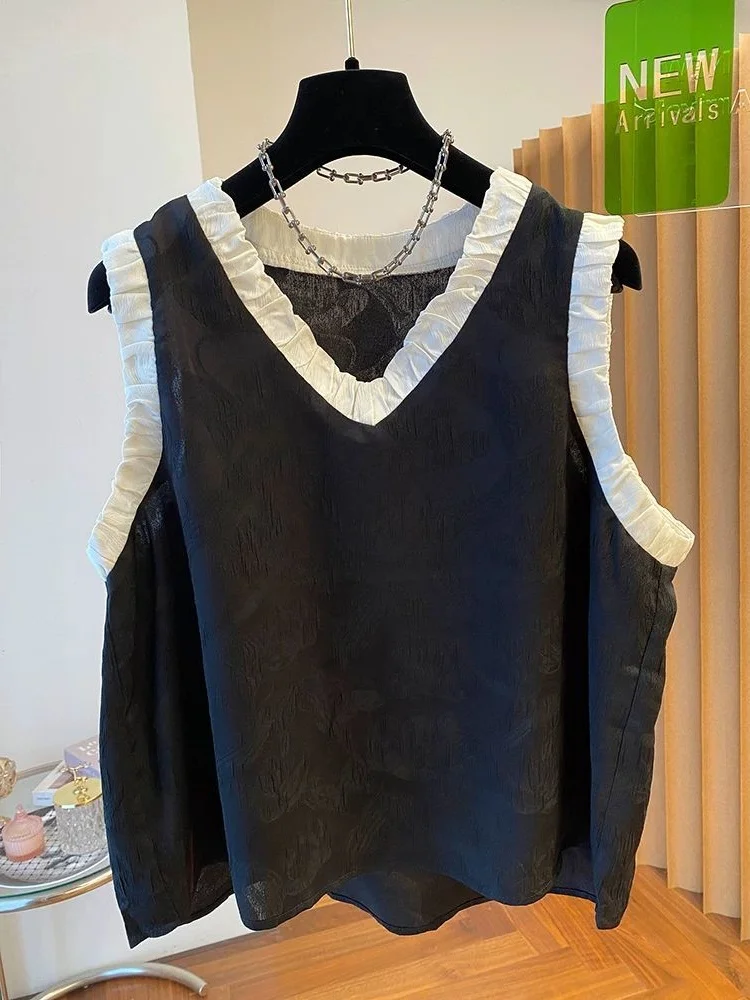 Slim Fit Large Size Loose Cover up Vest Shoulder to Waist Sleeveless Women's Fashionable V-Neck Splice Thin Head over Footwear